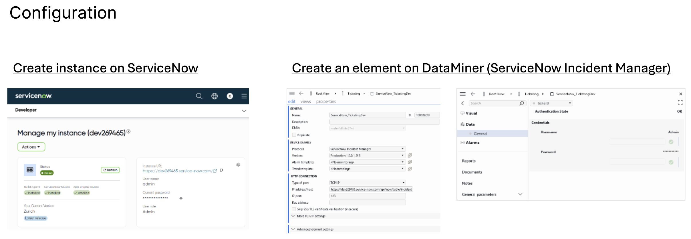 ServiceNow instance and DataMiner element shown side by side