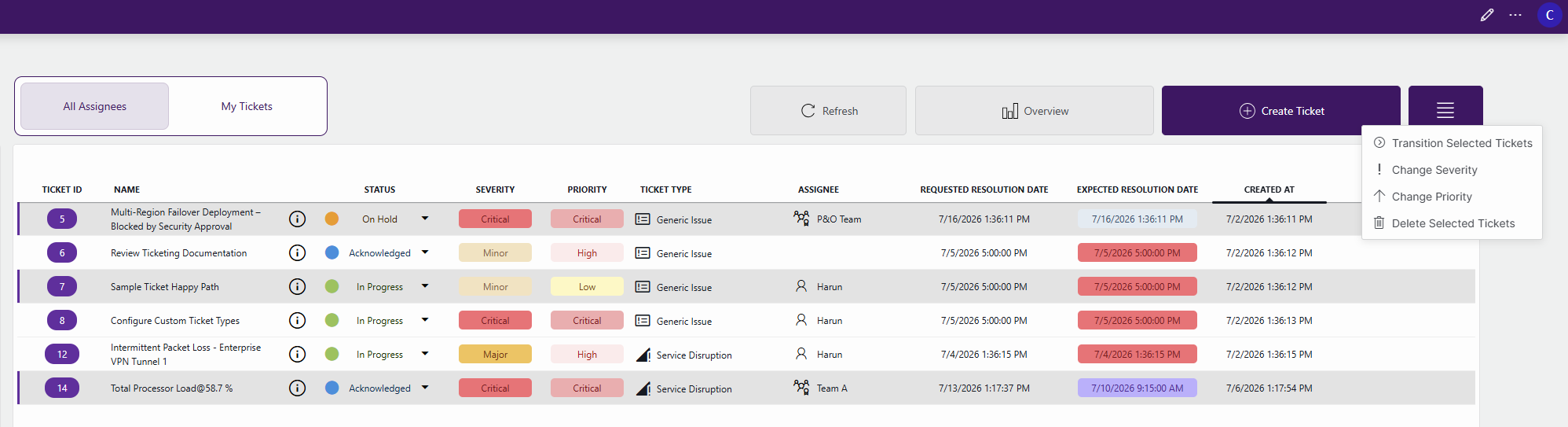 The bulk actions button on the Tickets page