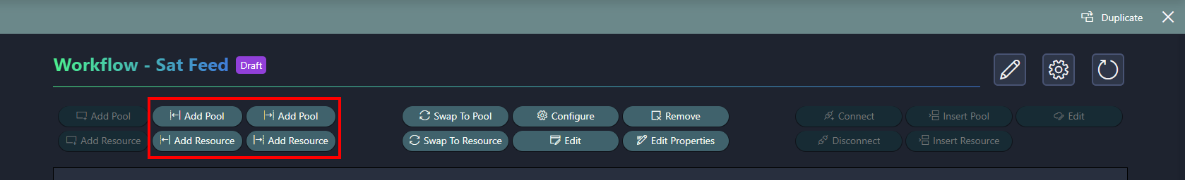 Buttons to add a node representing a pool or resource before or after the selected node in the workflow