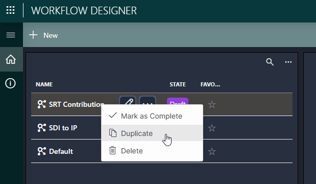 Duplicating a workflow using the context menu for a workflow in the Workflow Designer app