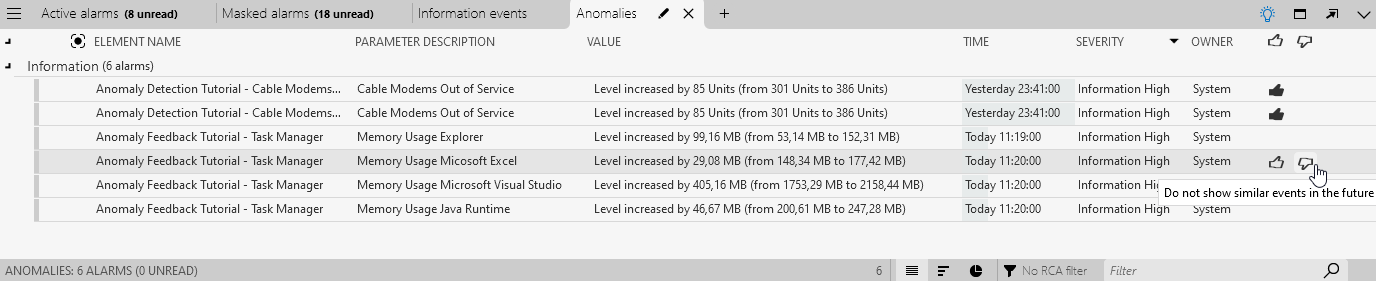 Anomaly feedback feature