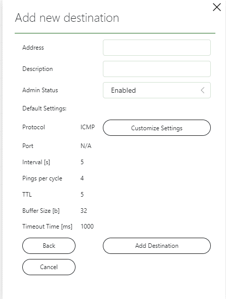 Add new destination window