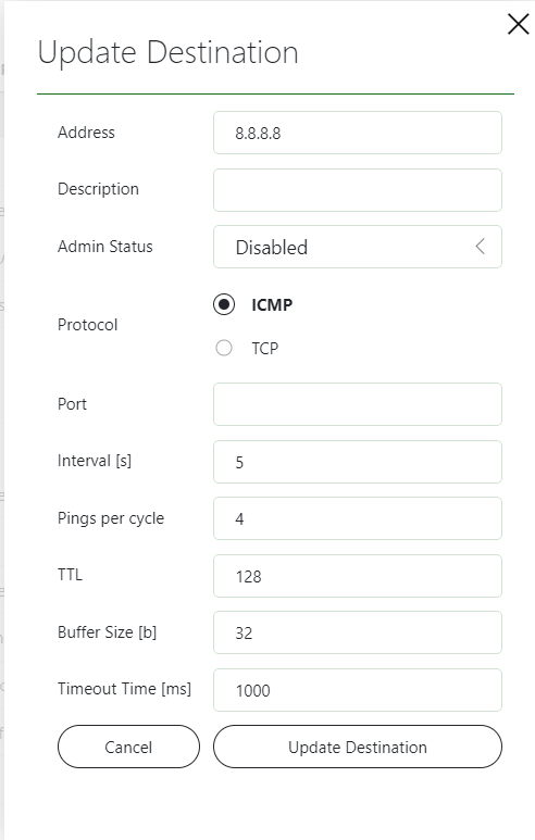 Update Destination window