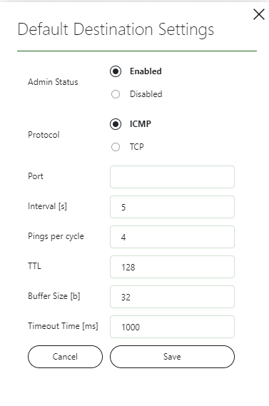 Default Destination Settings window