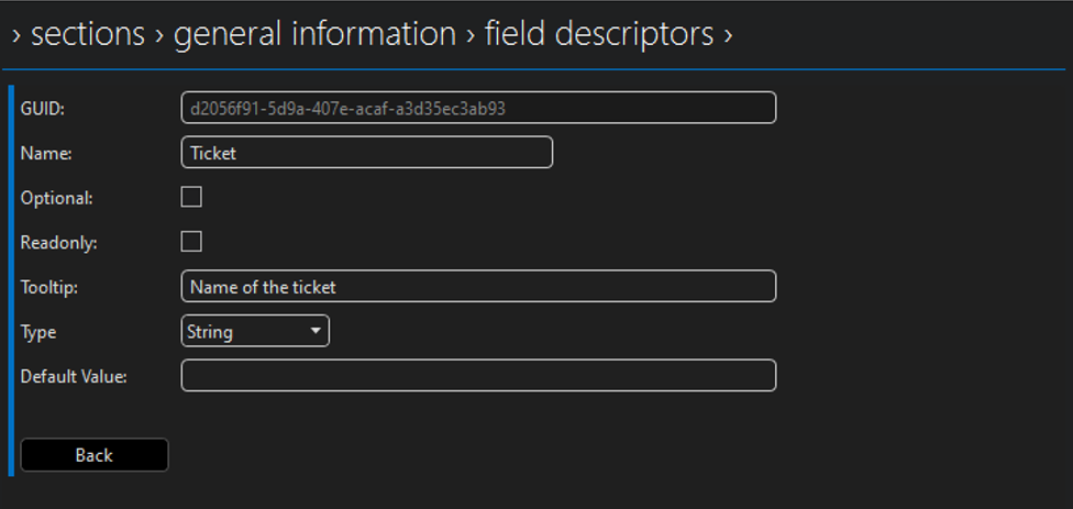 DOM Editor: configuring a field