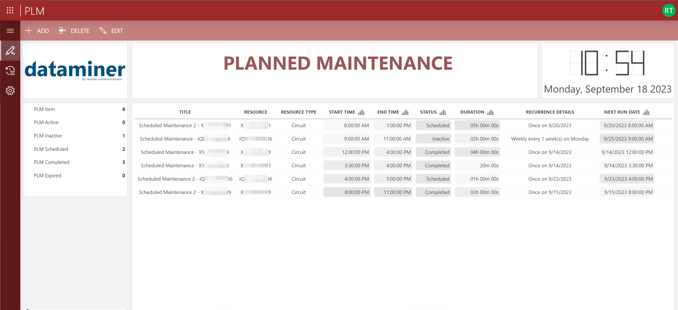 Planned Maintenance tool homepage