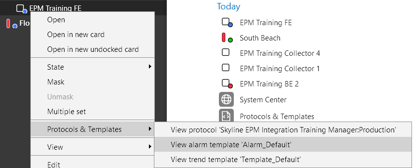 Opening the alarm template from the context menu