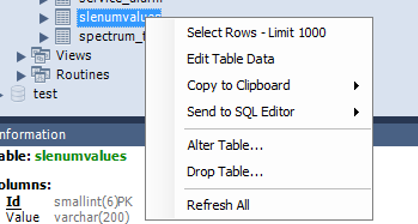 Table context menu in MySQL Workbench