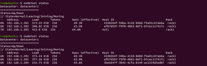 Example of how to confirm that the new node has replaced the dead node