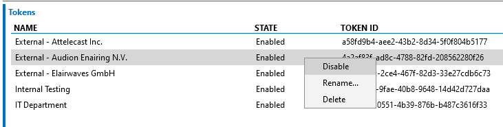 Enabling or disabling an API token in DataMiner Cube