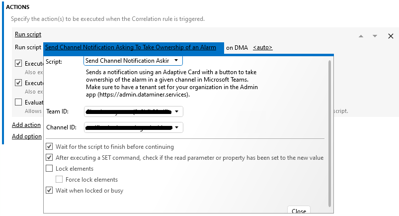 Configure the Correlation rule with the Send Channel Notification Asking To Take Ownership of an Alarm script