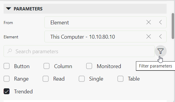 Parameters section with filter