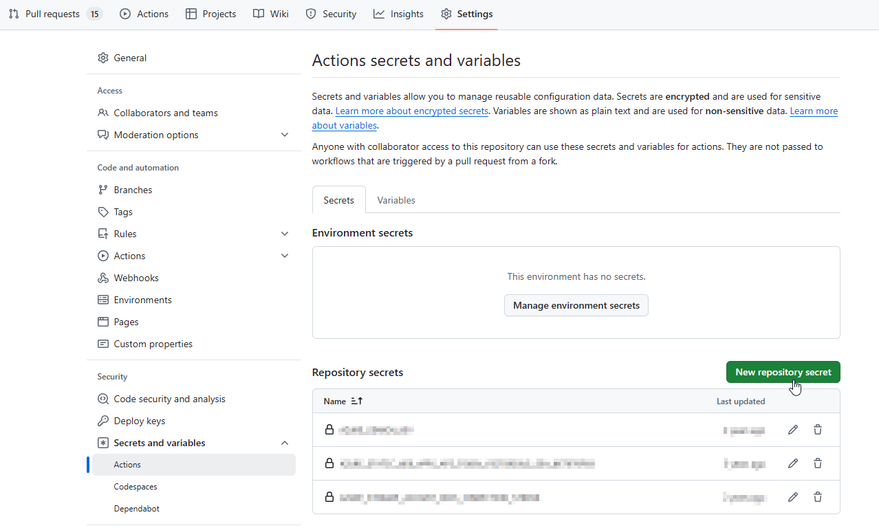 New repository secret button