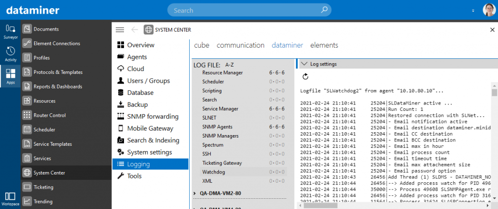 Watchdog logging in DataMiner Cube (version 10.1.0)